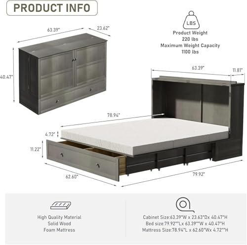 Grey Queen Size Murphy Bed with Storage Drawer S9524