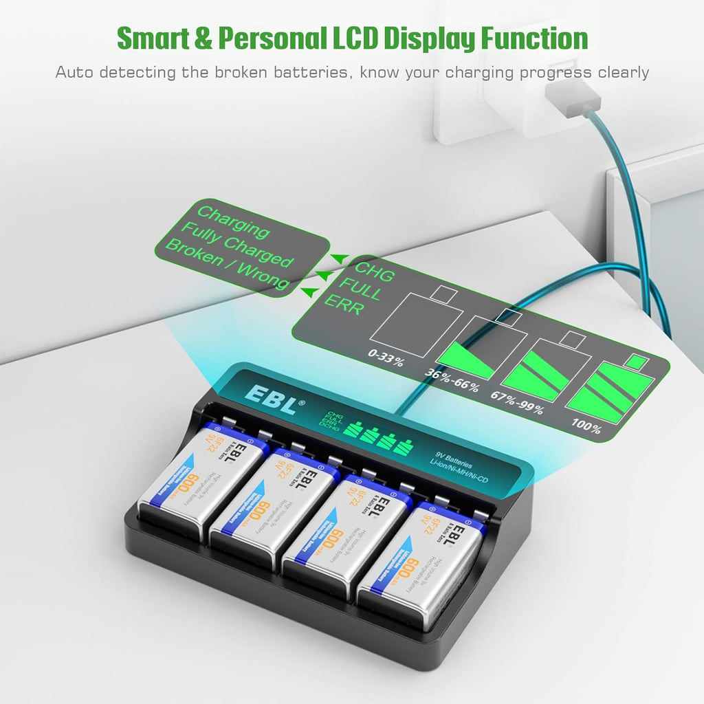 9V Li-ion Rechargeable Batteries 600mAh 4-Pack with LCD Smart Battery Charger E22542