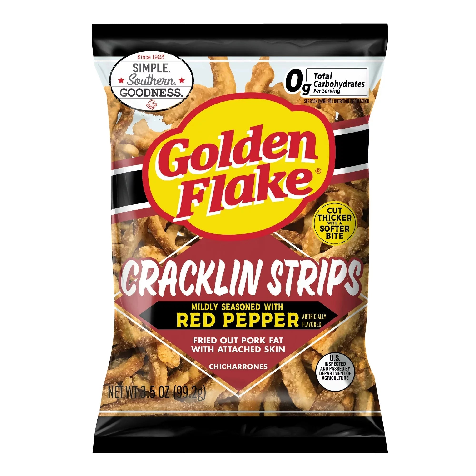 Fried Pork Cracklin Strips Mildly Seasoned with Red Pepper 3.5 oz Bags (3 Bags) A657