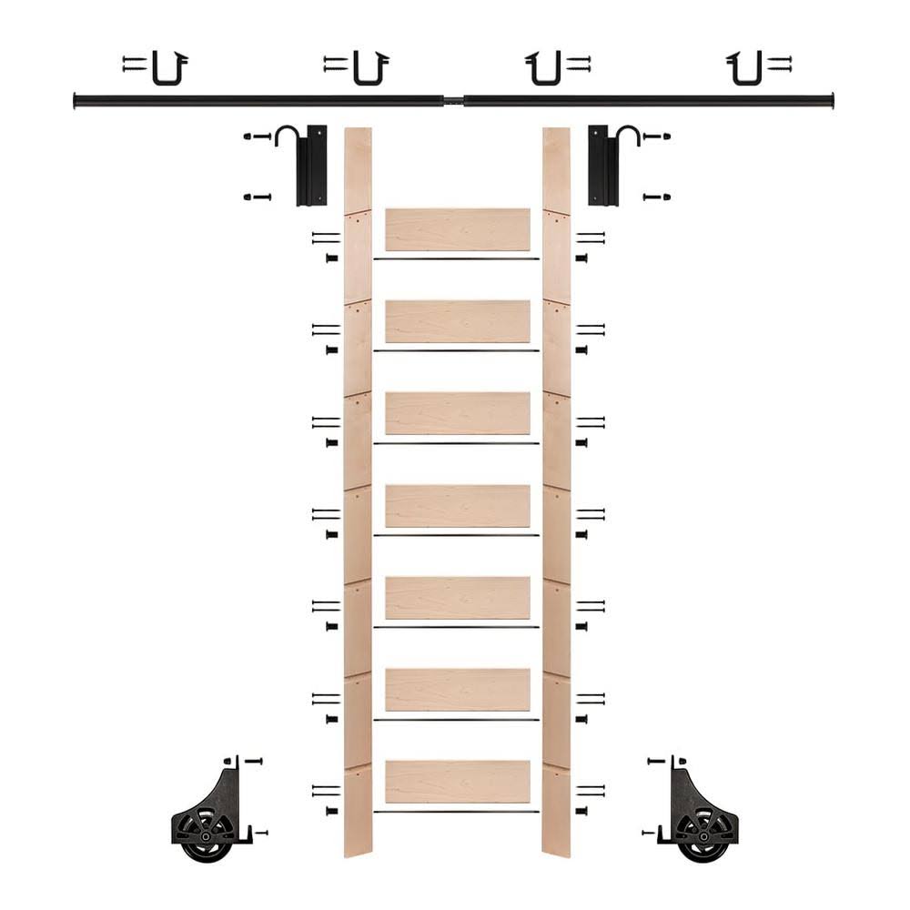Clear Pre-Finished Maple Library Ladder Black Sliding Hook Ladder Kit with 8 ft. Rail M3902
