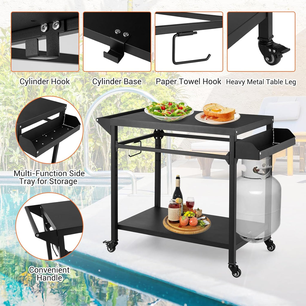 Black Outdoor Grill Cart with Lockable Wheels O553