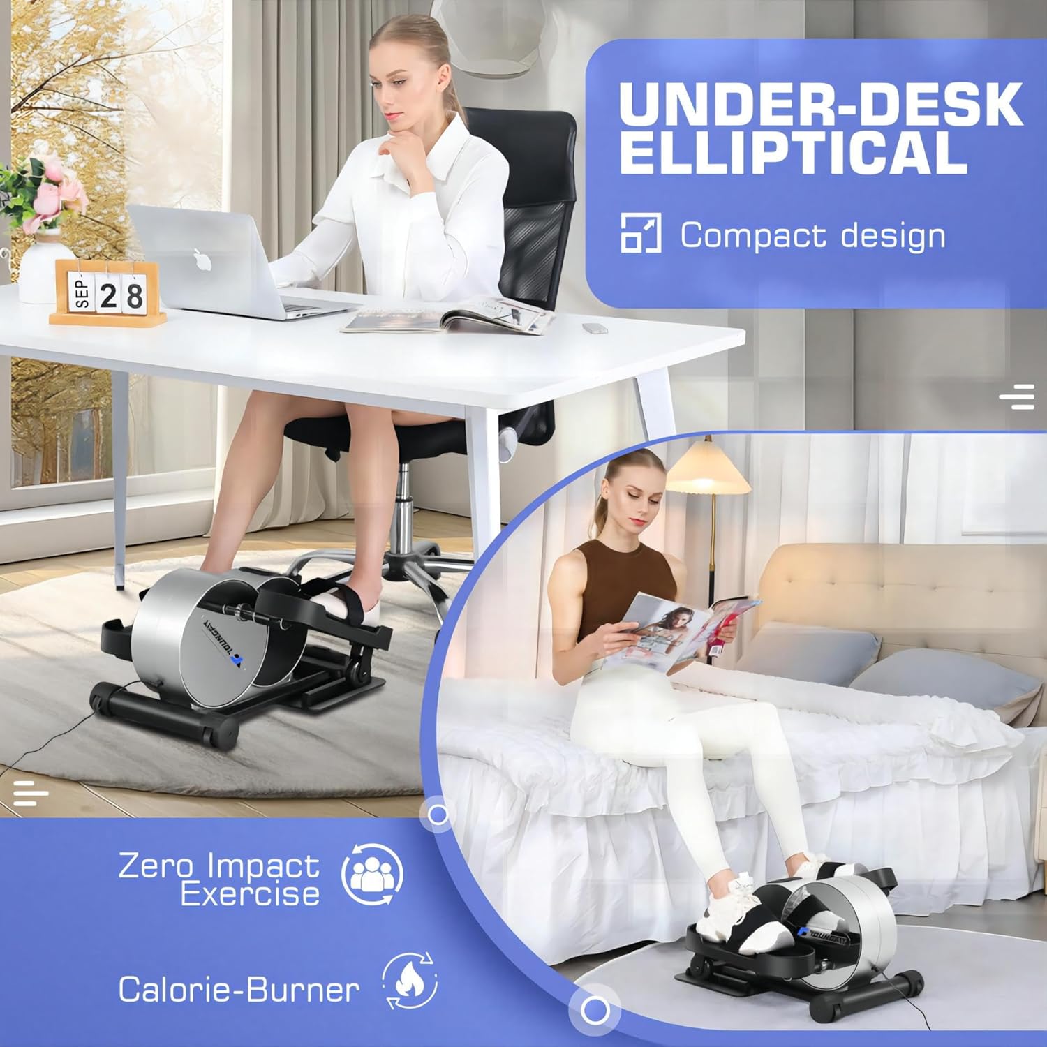Under Desk Elliptical, Electric Seated Foot Pedal Exerciser with LCD Display Monitor, Remote Control P34606