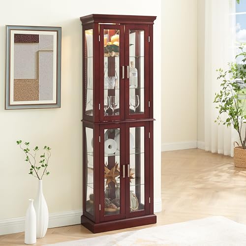 70" Tall 6-Shelf Curio Cabinet with 4 Tempered Glass Doors and Adjustable Storage Shelves (Oak) Q9441