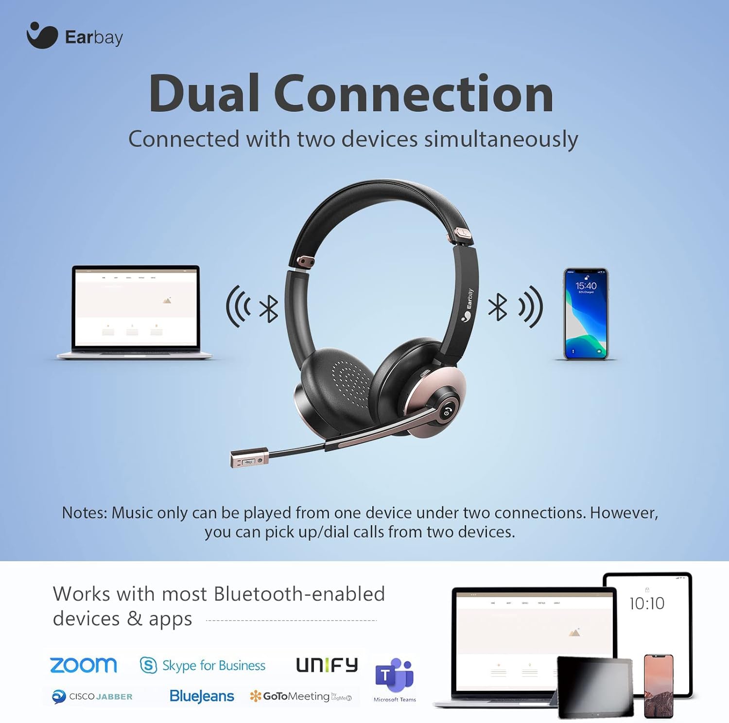 Wireless Bluetooth 5.0 On-Ear Headset with Microphone and USB Dongle, Pack of 2 J7408