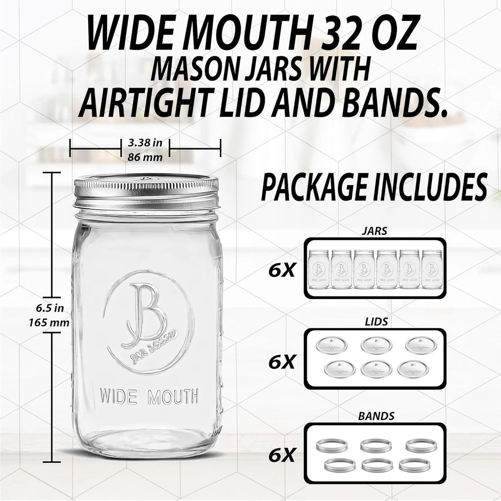 32 oz Clear Glass Mason Jars with Airtight Lids and Bands Y620563