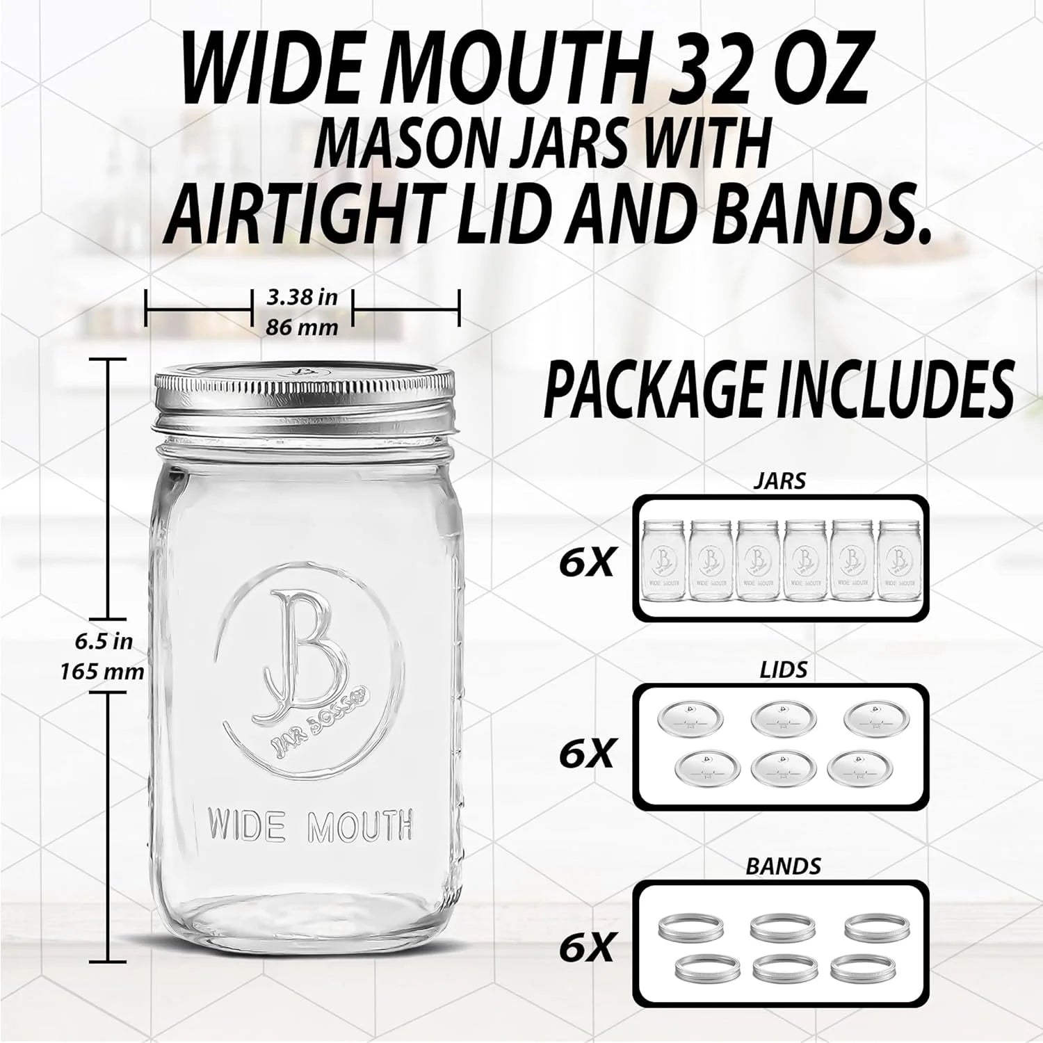 32 oz Clear Glass Mason Jars with Airtight Lids and Bands Y620563