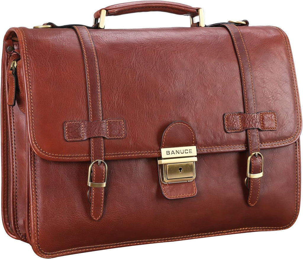 Vintage Genuine Full Grain Italian Leather Briefcase 14 Inch Laptop Bag Brown M910168