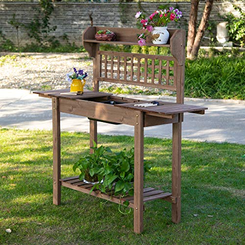 Brown Wooden Potting Bench Table with Sliding Tabletop and Storage Shelf W4219