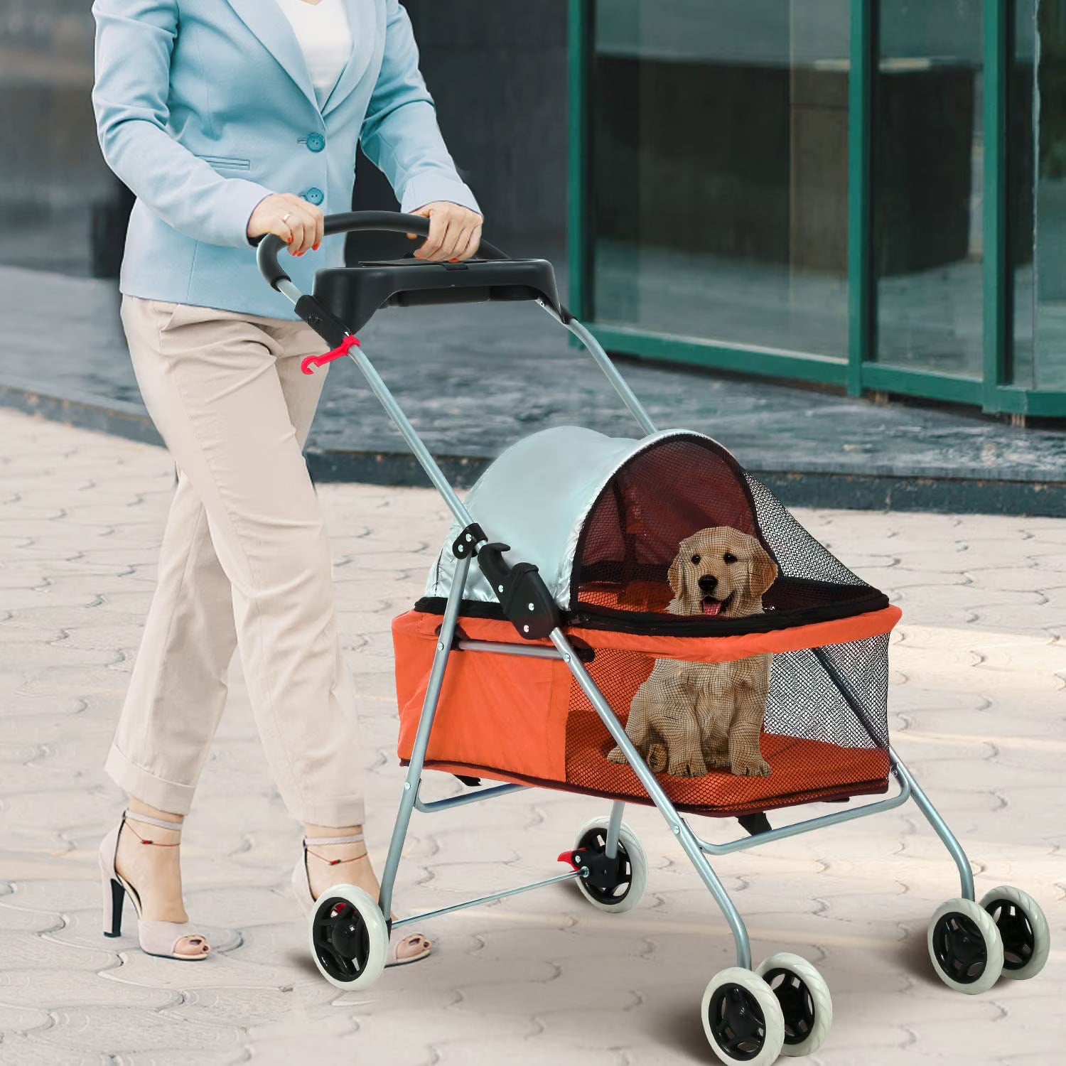 Orange Folding Dog Stroller with 4 Wheels B370