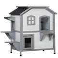 Wooden 2-Story Outdoor Cat House with Escape Door and Openable Roof Platforms V7767