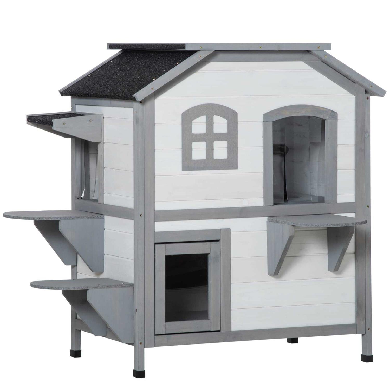 Wooden 2-Story Outdoor Cat House with Escape Door and Openable Roof Platforms V7767