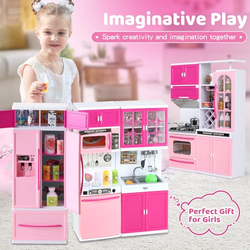 64 PCS Pink Kitchen Toys with Lights Sounds Doll Playset E410646