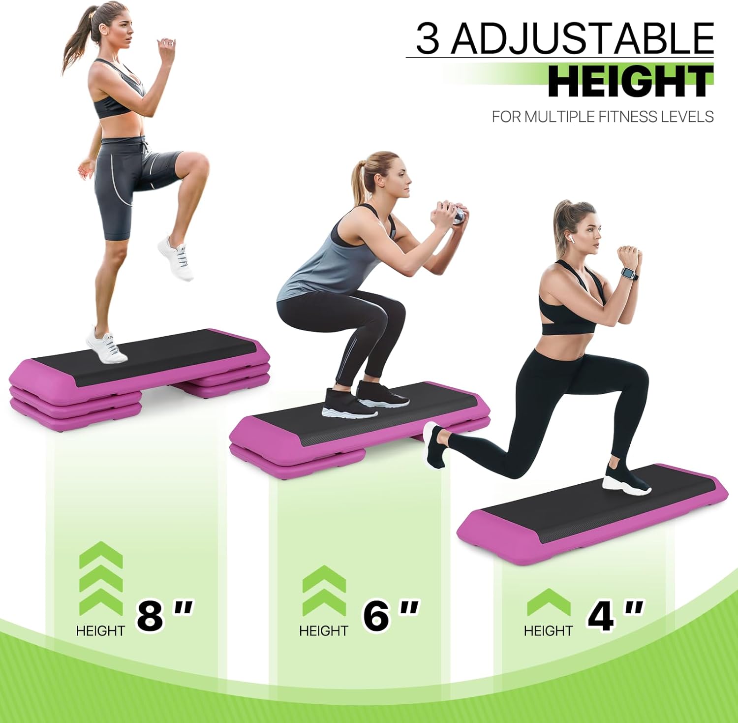 43-Inch Exercise Stepper Platform with Risers, Adjust Height 4 inch - 6 inch - 8 inch, Pink D146636