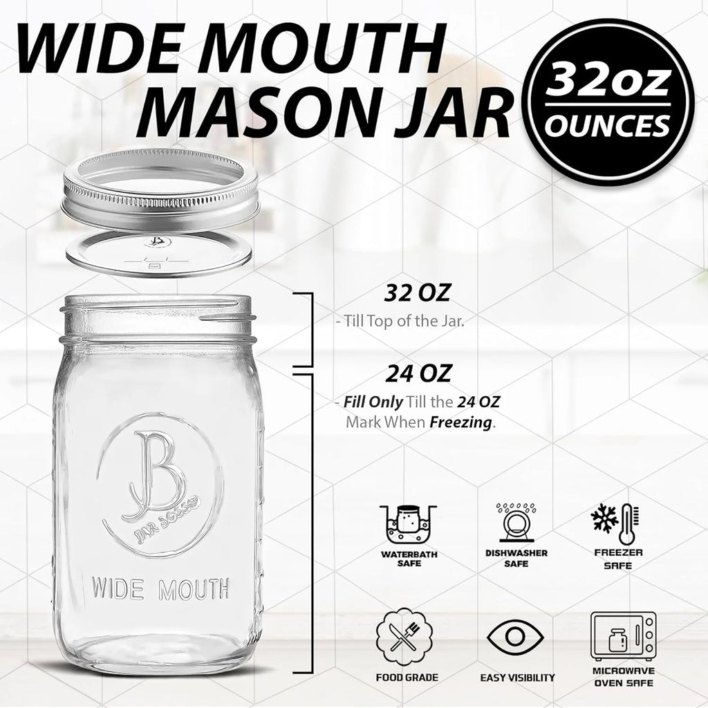32 oz Clear Glass Mason Jars with Airtight Lids and Bands Y620563