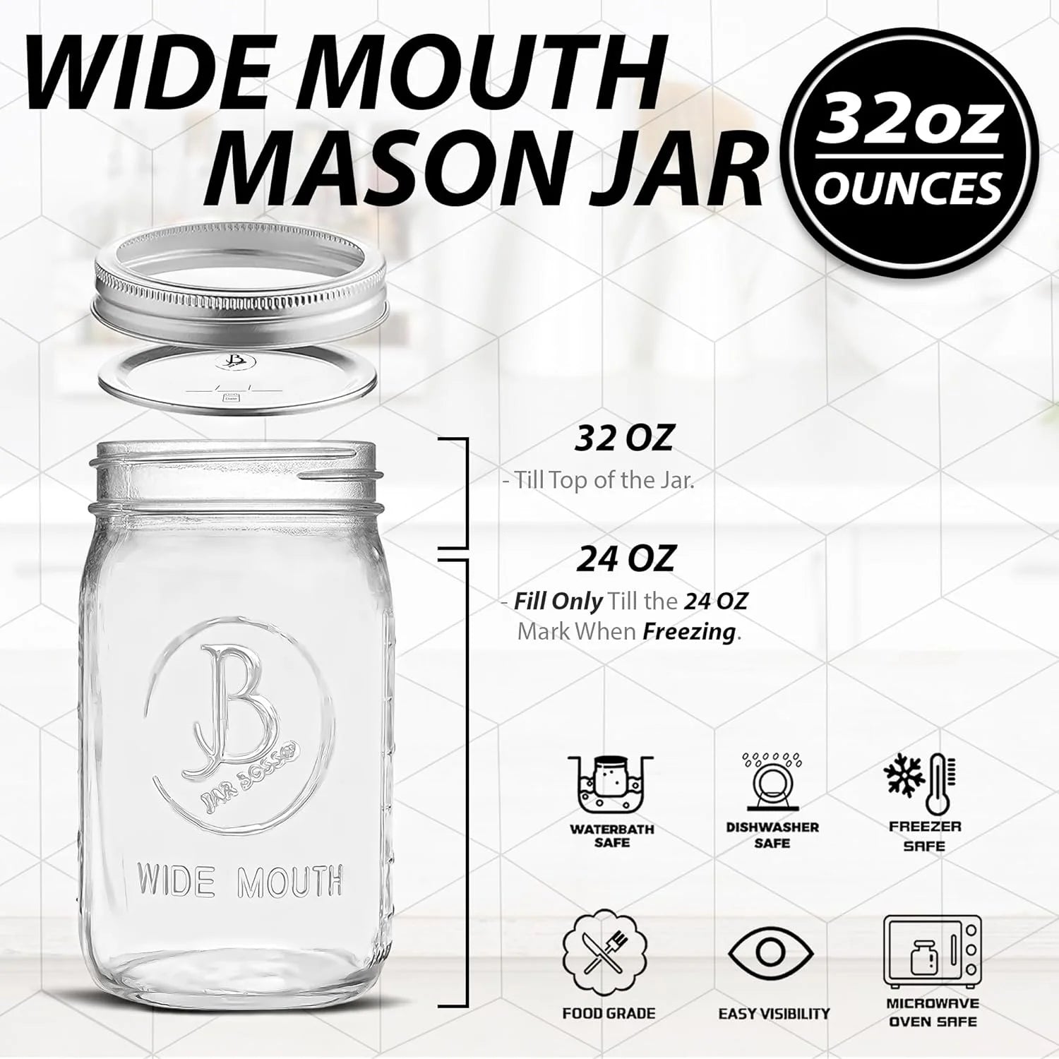 32 oz Clear Glass Mason Jars with Airtight Lids and Bands Y620563