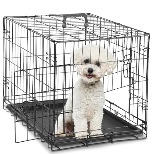 Large 36 Inch Double Door Folding Metal Wire Dog Crate with Divider Panel and Plastic Leak-Proof Pan Tray P323