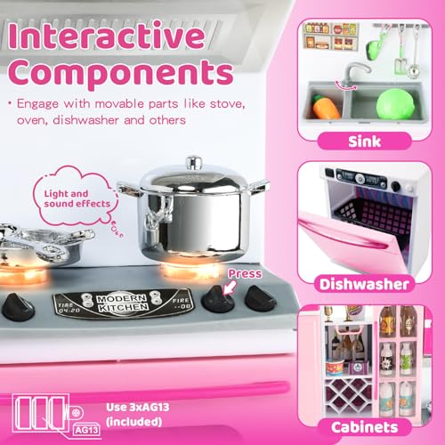 64 PCS Pink Kitchen Toys with Lights Sounds Doll Playset E410646