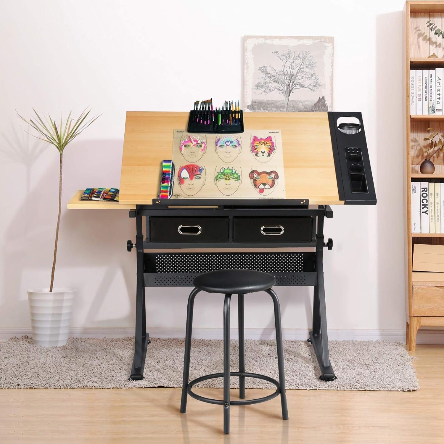 Height Adjustable Drafting Table with Tilting Tabletop and Storage Drawers Q743771