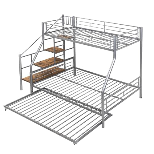 Silver Metal Twin Over Full Bunk Bed with Trundle and Stairs A1578