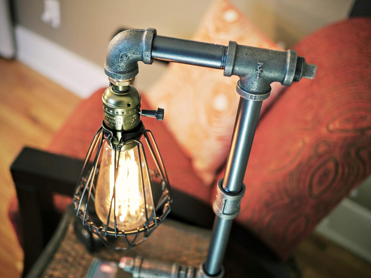 Steampunk Water Piping Desk Top Table Lamp Real Wood Base Edison Iron Retro Lamp E89466