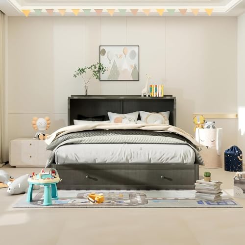 Grey Queen Size Murphy Bed with Storage Drawer S9524