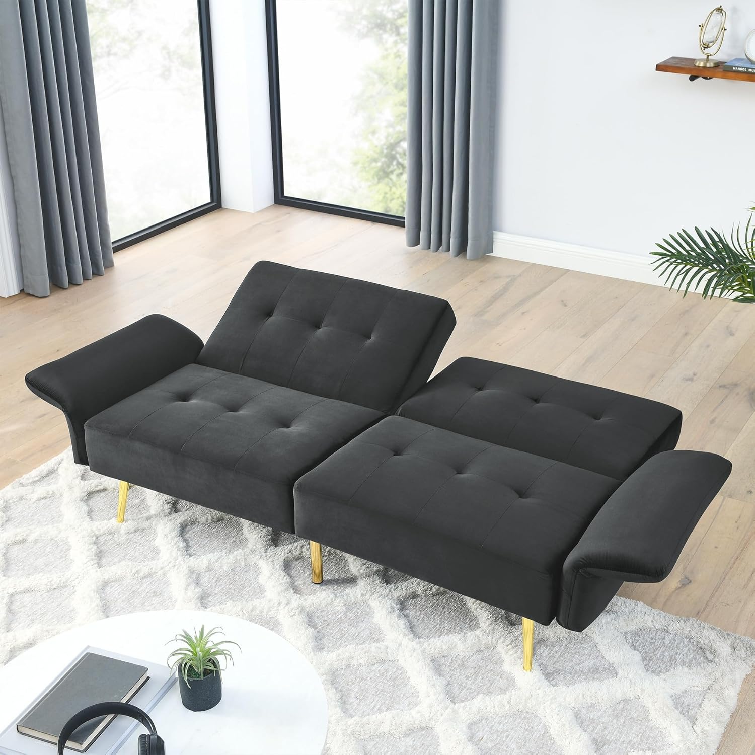 Black Velvet Convertible Sleeper Loveseat Futon Couch Q824266