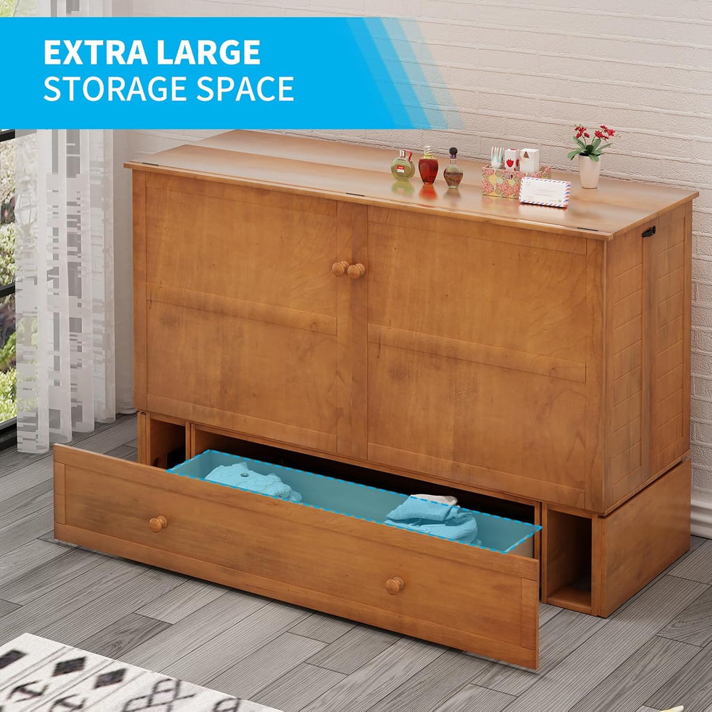 Queen Size Murphy Bed with Foldable Foam Mattress and Storage Drawer (Cherry) S894