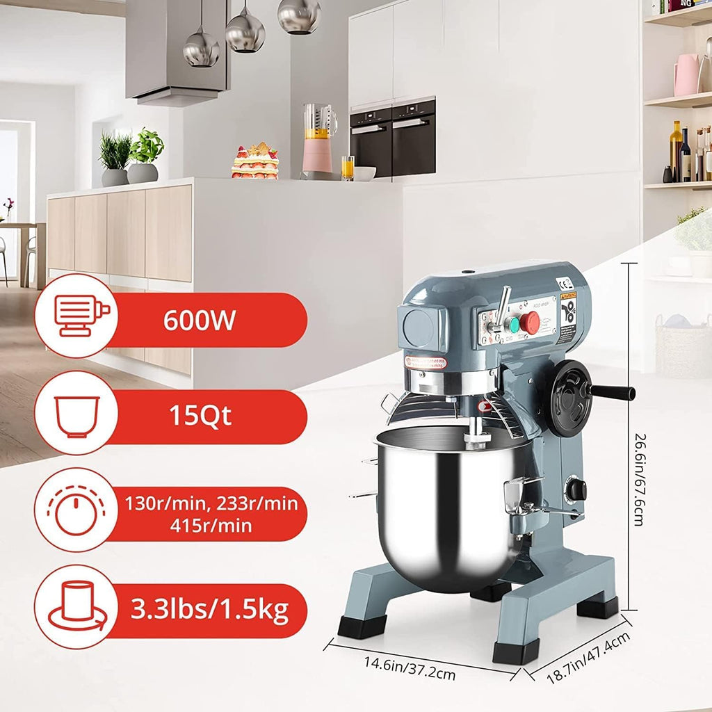 15QT 600W 110V 3 Speeds Adjustable Stand Mixer with Stainless Steel Bowl S7926