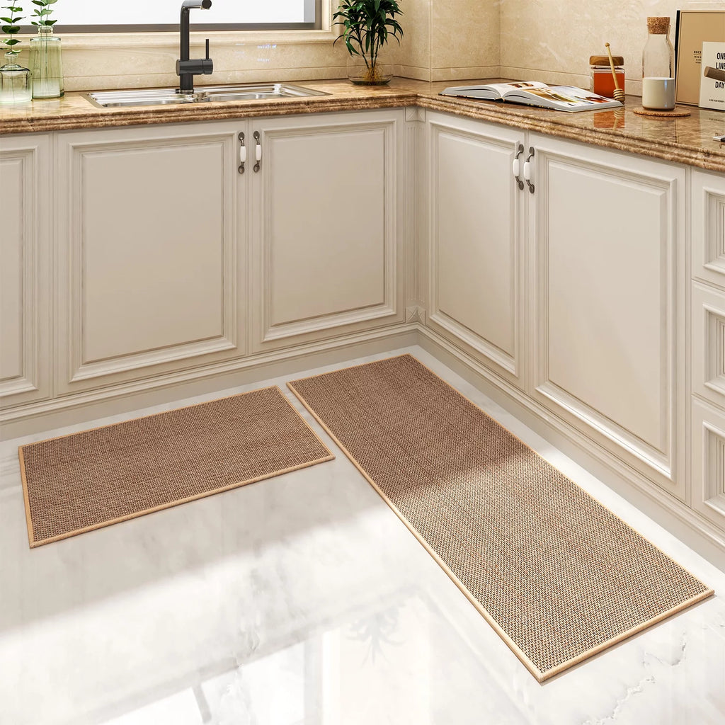 Oats Beige Non Slip Kitchen Runner Rugs, 2PCS T6400