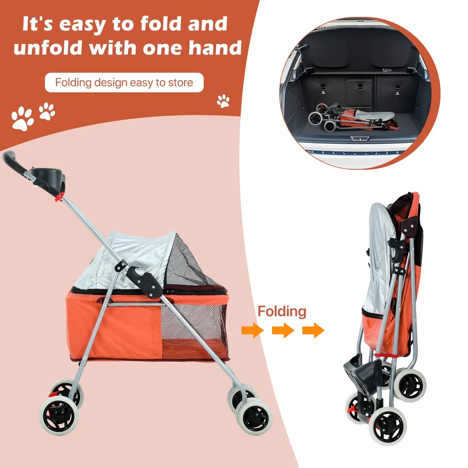 Orange Folding Dog Stroller with 4 Wheels B370