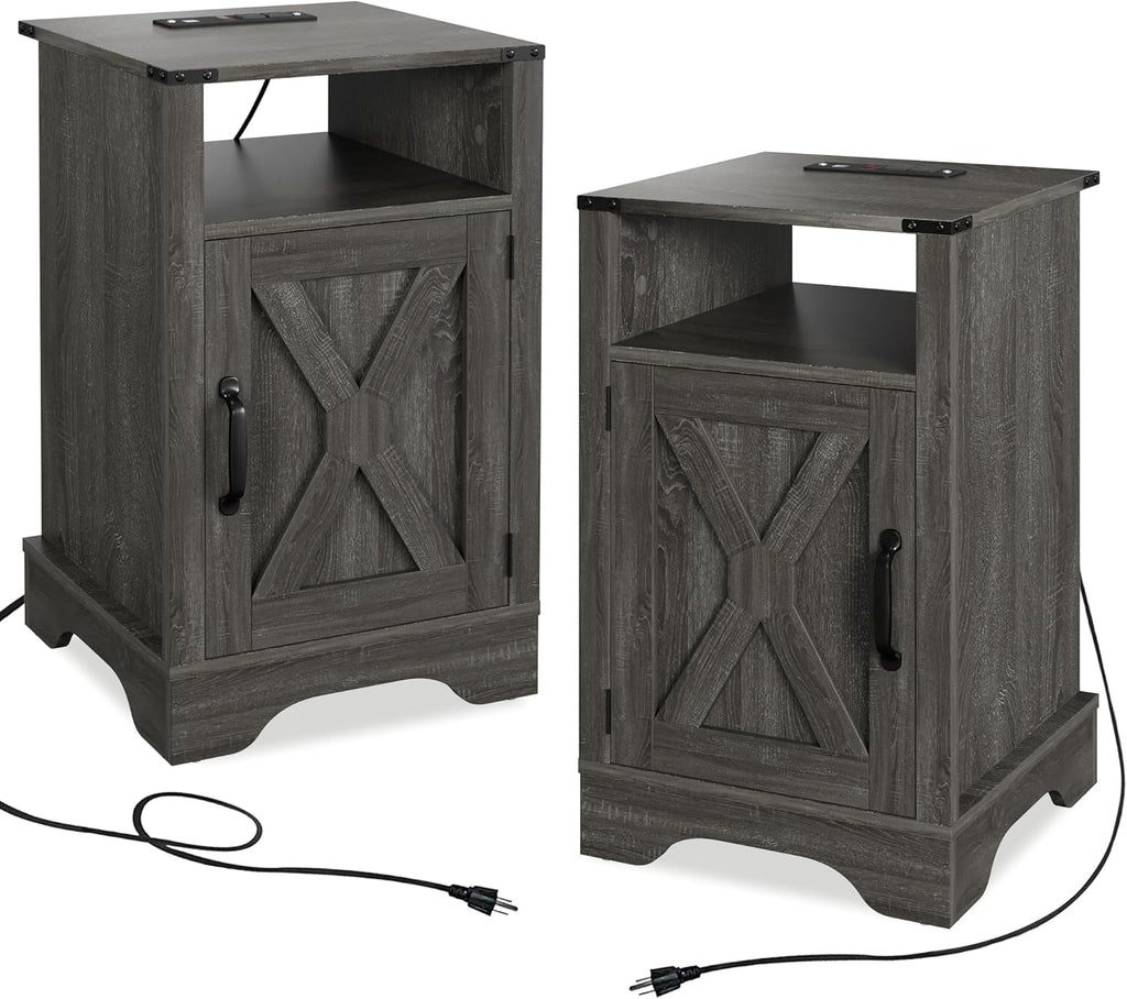 Dark Gray Wooden Nightstand with Electrical Outlets Charging Station (2 Sets) G86069