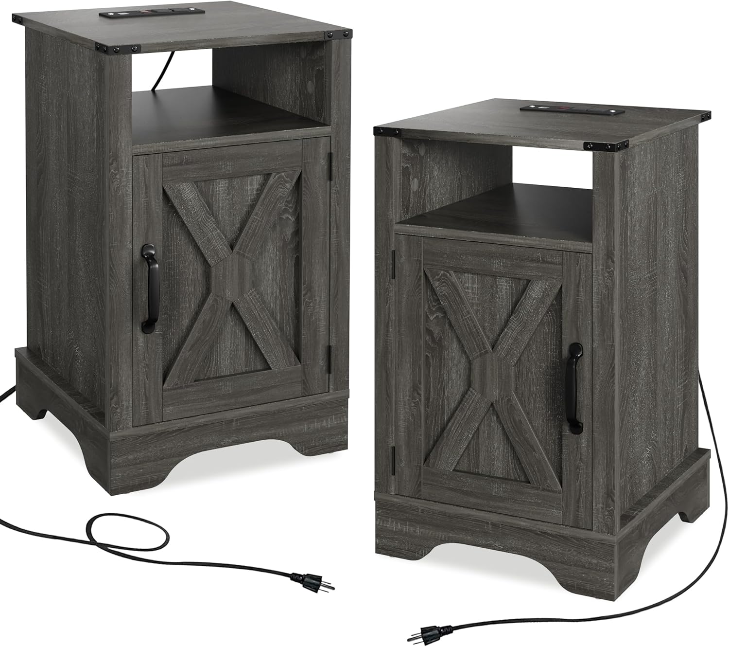Dark Gray Wooden Nightstand with Electrical Outlets Charging Station (2 Sets) G86069
