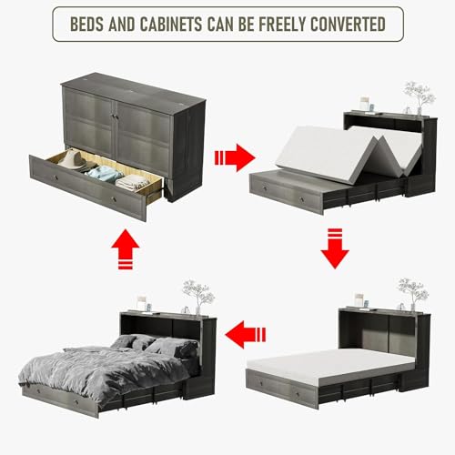 Grey Queen Size Murphy Bed with Storage Drawer S9524