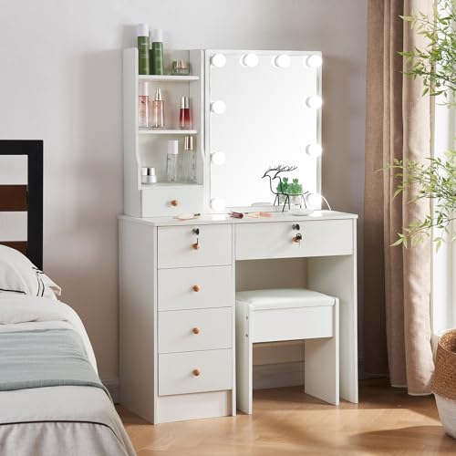White 5 Drawer Vanity Desk with LED Lights and Mirror A643