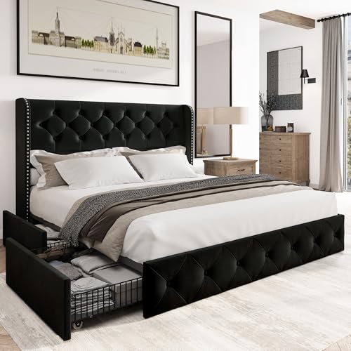 Black Velvet King Size Bed Frame with Storage Drawers and Tufted Headboard W1588