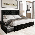 Black Velvet King Size Bed Frame with Storage Drawers and Tufted Headboard W1588