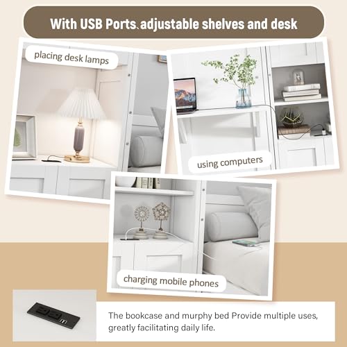 Queen Murphy Bed with 2 Side Cabinet Storage Shelf, Metal Frame, Brown D91055